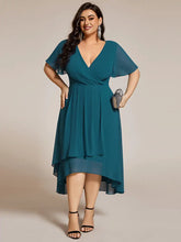 Load image into Gallery viewer, Evening Dress with Ruffled Sleeves, Pleated V-Neck, Midi Length, A-Line Chiffon.
