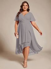 Load image into Gallery viewer, Evening Dress with Ruffled Sleeves, Pleated V-Neck, Midi Length, A-Line Chiffon.
