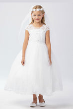Load image into Gallery viewer, Lovely Illusion Neckline Bodice with Lace Applique &amp; Rhinestones Communion Dress
