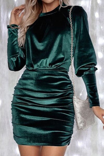 Ruched Round Neck Lantern Sleeve Mini Dress in Green