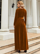 Load image into Gallery viewer, Tie Front Round Neck Long Sleeve Maxi Dress in Caramel
