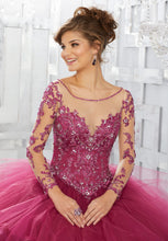 Load image into Gallery viewer, A young lady wearing a quince dress in the color black cherry.
