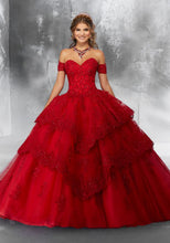 Load image into Gallery viewer, Beaded Lace Appliqués on a Lace-Edged, Tiered Tulle Ballgown with Detachable Sleeves in Scarlet
