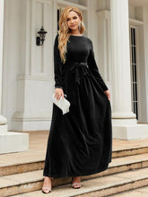 Load image into Gallery viewer, Tie Front Round Neck Long Sleeve Maxi Dress in Black
