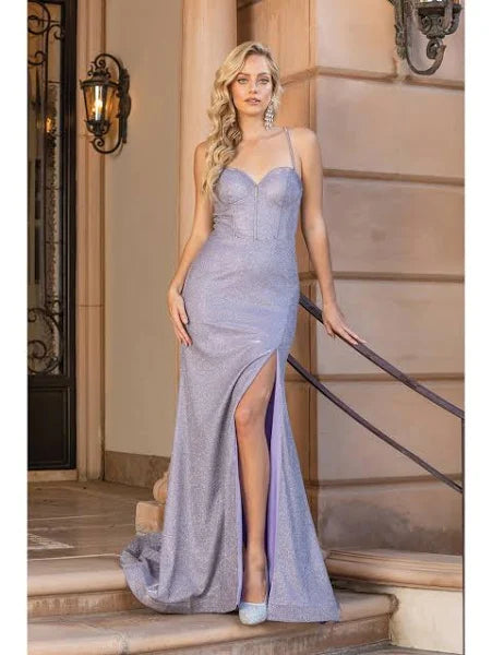 Long Glittery Gown with Spaghetti Straps & Side Slit