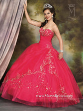 Load image into Gallery viewer, A young lady wearing a strapless princess ballgown in the color azalea/multi 
