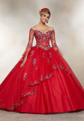 Crystal Beaded Embroidery on a Tulle Ballgown in Scarlet