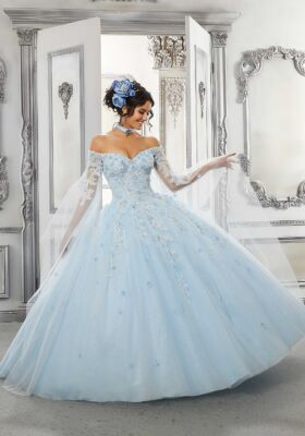 Beaded Lace and Sparkle Tulle Ballgown in Light Blue