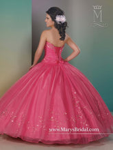 Load image into Gallery viewer, The back view of a young lady wearing a strapless princess ballgown in the color azalea/multi
