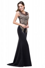 Load image into Gallery viewer, Chiffon Mermaid Dress with Appliques in Black/Gold
