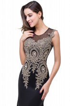 Load image into Gallery viewer, Chiffon Mermaid Dress with Appliques in Black/Gold
